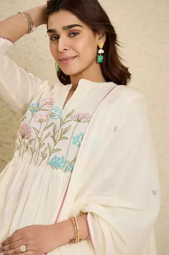 Embroidered mandarin collar pure cotton a-line kurta with trouser & dupatta