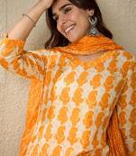 Paisley printed v-neck pure cotton straight kurta with trousers and dupatta