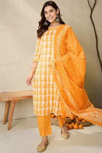 Paisley printed v-neck pure cotton straight kurta with trousers and dupatta