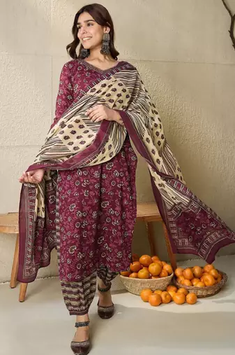 Floral printed v neck pure cotton kurta with salwar & dupatta