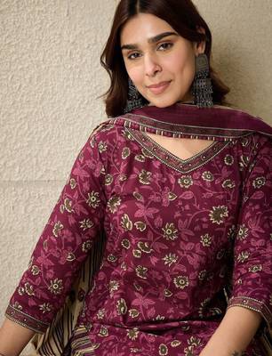 Floral printed v neck pure cotton kurta with salwar & dupatta 3