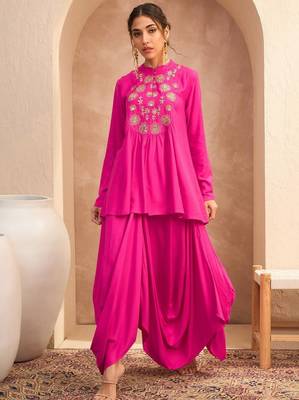 Floral embroidered pleated sequinned a-line fusion kurti with dhoti pant 1