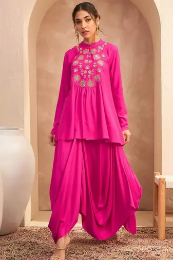 Floral embroidered pleated sequinned a-line fusion kurti with dhoti pant