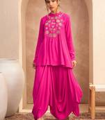 Floral embroidered pleated sequinned a-line fusion kurti with dhoti pant