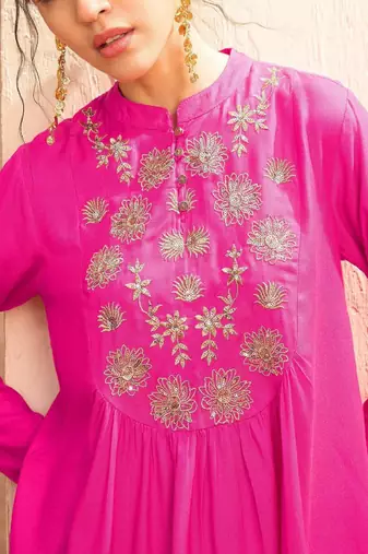 Floral embroidered pleated sequinned a-line fusion kurti with dhoti pant