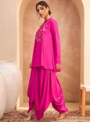 Floral embroidered pleated sequinned a-line fusion kurti with dhoti pant 3
