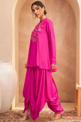 Floral embroidered pleated sequinned a-line fusion kurti with dhoti pant