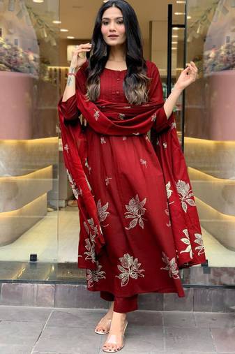Floral printed pleated round neck anarkali kurta with trousers & dupatta