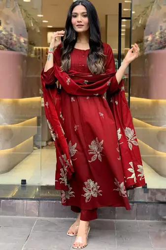 Floral printed pleated round neck anarkali kurta with trousers & dupatta