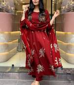 Floral printed pleated round neck anarkali kurta with trousers & dupatta