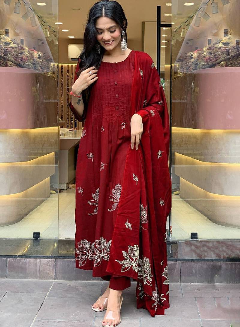 Floral printed pleated round neck anarkali kurta with trousers & dupatta