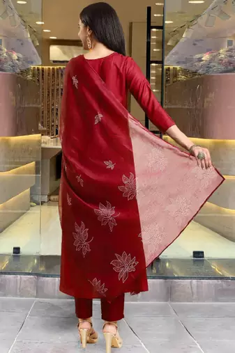 Floral printed pleated round neck anarkali kurta with trousers & dupatta