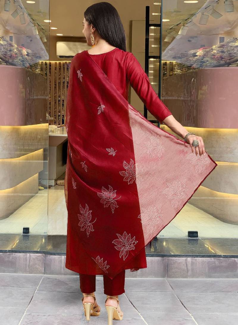Floral printed pleated round neck anarkali kurta with trousers & dupatta