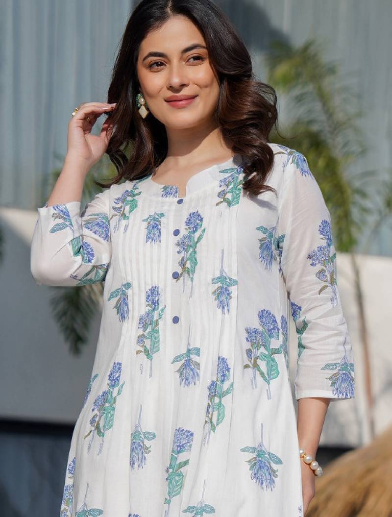 Floral printed round neck panelled a-line pure cotton kurta with trousers