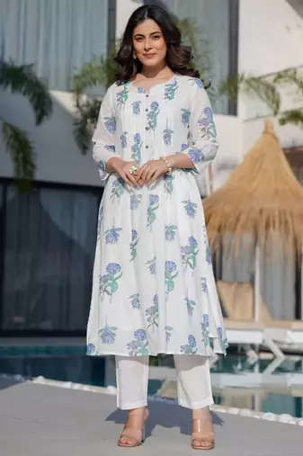 Floral printed round neck panelled a-line pure cotton kurta with trousers