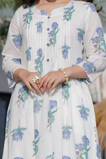 Floral printed round neck panelled a-line pure cotton kurta with trousers