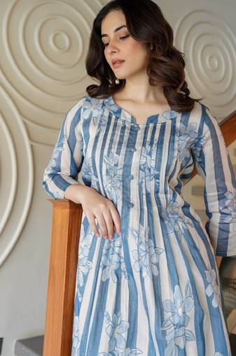 Floral printed round neck a-line pure cotton kurta with trousers