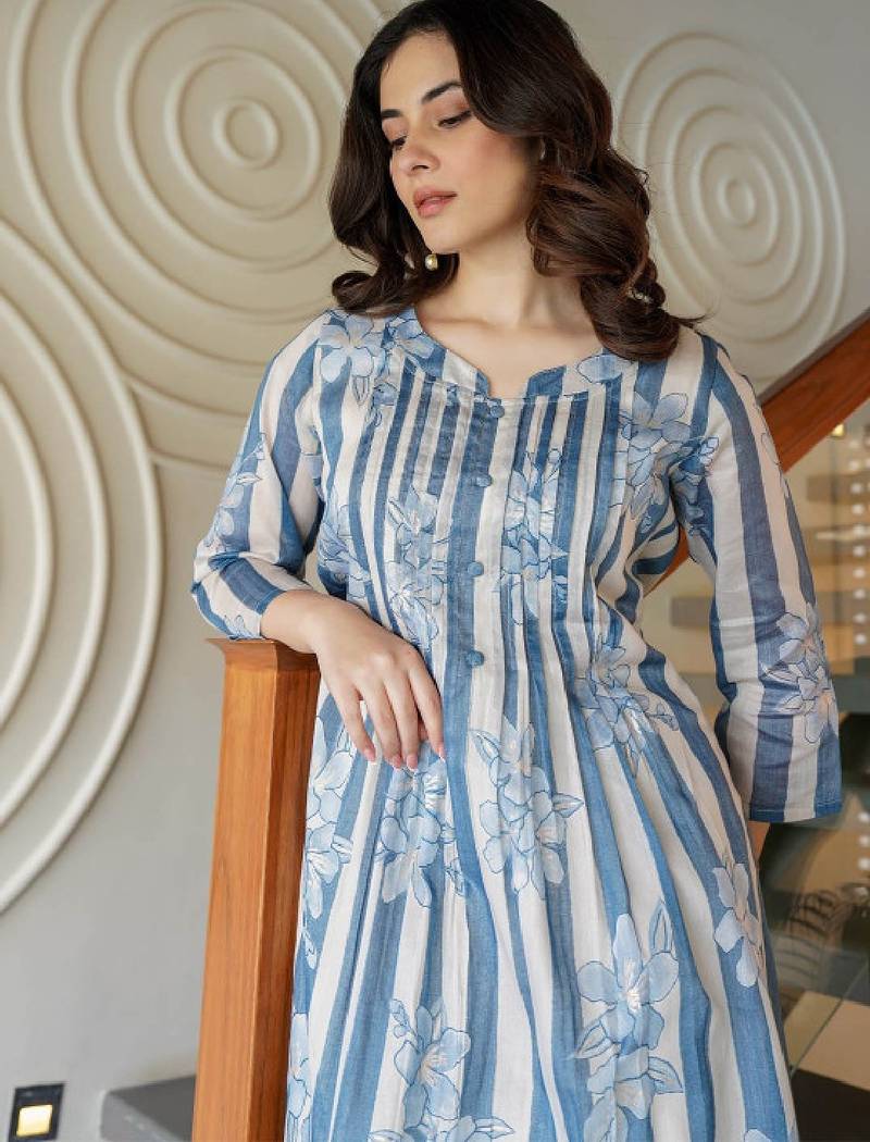 Floral printed round neck a-line pure cotton kurta with trousers