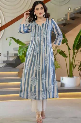 Floral printed round neck a-line pure cotton kurta with trousers