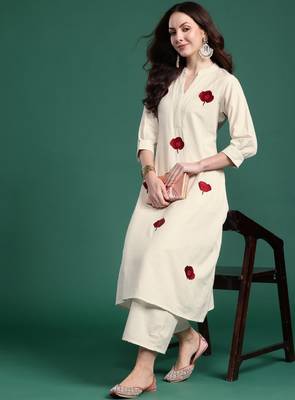 Women floral embroidered thread work pure cotton republic day kurta with palazzos 1