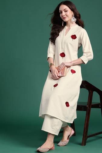 Women floral embroidered thread work pure cotton republic day kurta with palazzos