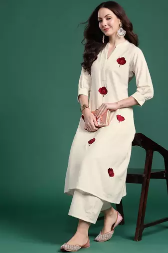 Women floral embroidered thread work pure cotton republic day kurta with palazzos