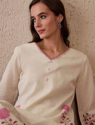 Women floral embroidered regular thread work pure cotton kurta with palazzos 2
