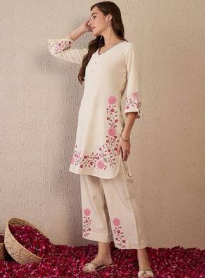 Women floral embroidered regular thread work pure cotton kurta with palazzos 3