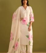 Women floral printed regular sequinned linen kurta with trousers & with dupatta