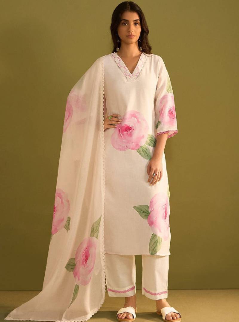Women floral printed regular sequinned linen kurta with trousers & with dupatta