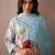 Floral printed v-neck linen kurta with trousers & dupatta