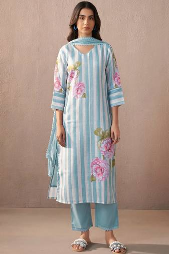 Floral printed v-neck linen kurta with trousers & dupatta