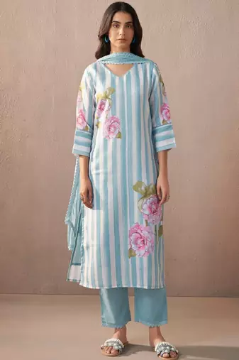 Floral printed v-neck linen kurta with trousers & dupatta