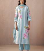 Floral printed v-neck linen kurta with trousers & dupatta