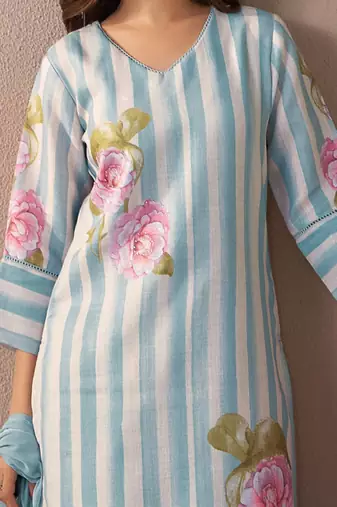 Floral printed v-neck linen kurta with trousers & dupatta