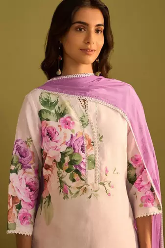 Floral printed v-neck linen straight kurta with trousers & dupatta