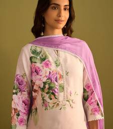 Floral printed v-neck linen straight kurta with trousers & dupatta