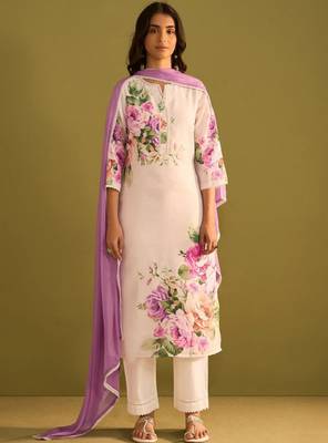 Floral printed v-neck linen straight kurta with trousers & dupatta 1