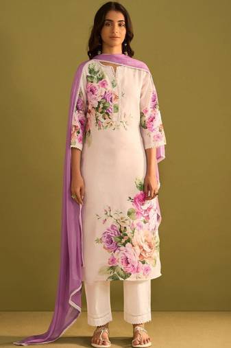 Floral printed v-neck linen straight kurta with trousers & dupatta