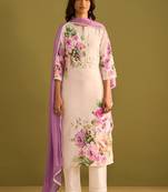 Floral printed v-neck linen straight kurta with trousers & dupatta