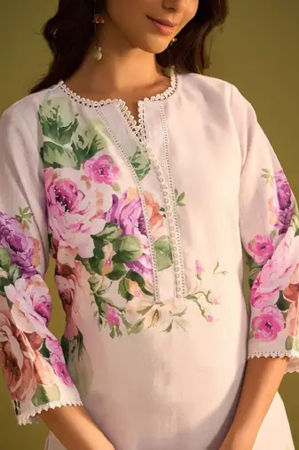 Floral printed v-neck linen straight kurta with trousers & dupatta