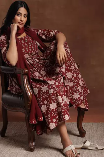 Womens maroon printed cotton anarkali kurta with trousers & dupatta