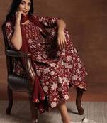 Womens maroon printed cotton anarkali kurta with trousers & dupatta