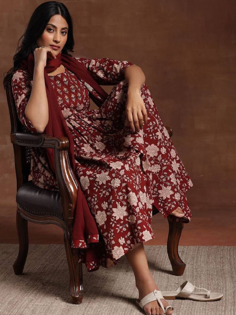 Womens maroon printed cotton anarkali kurta with trousers & dupatta