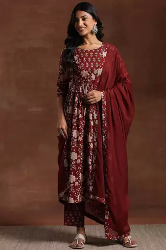 Womens maroon printed cotton anarkali kurta with trousers & dupatta