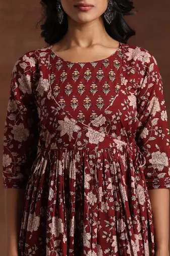 Womens maroon printed cotton anarkali kurta with trousers & dupatta