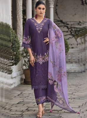 Floral embroidered v neck thread work pure cotton kurta with trouser and dupatta 1