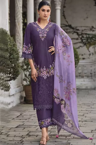 Floral embroidered v neck thread work pure cotton kurta with trouser and dupatta