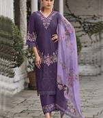 Floral embroidered v neck thread work pure cotton kurta with trouser and dupatta
