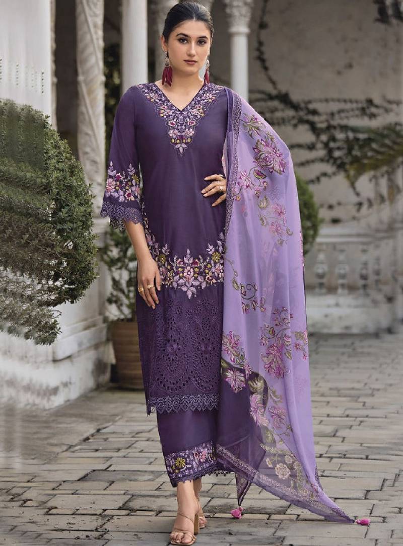 Floral embroidered v neck thread work pure cotton kurta with trouser and dupatta